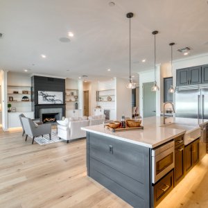 black and white living room with an open floor plan