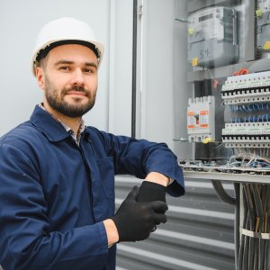 Electrical engineer approving power distribution box installation on site.